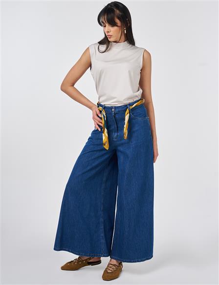 Washed Wide-Leg Denim Trousers Indigo 
