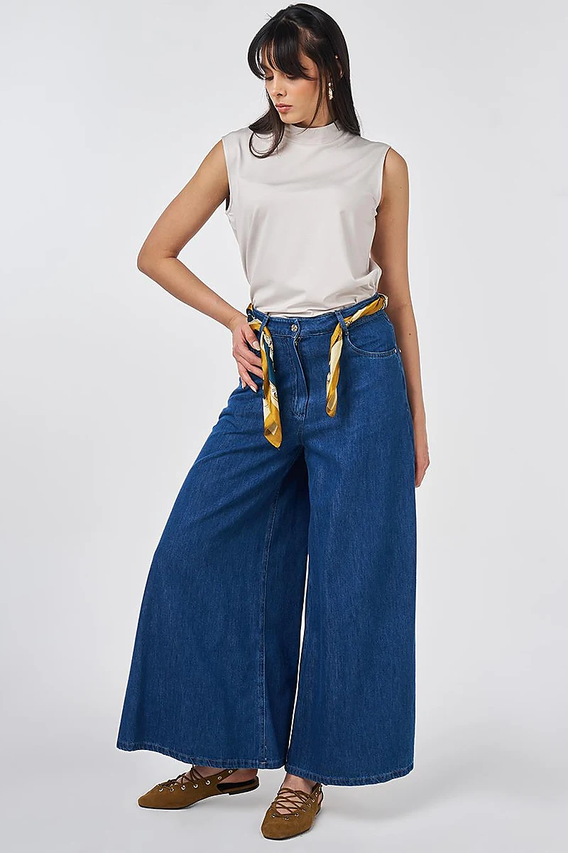 Washed Wide-Leg Denim Trousers Indigo 