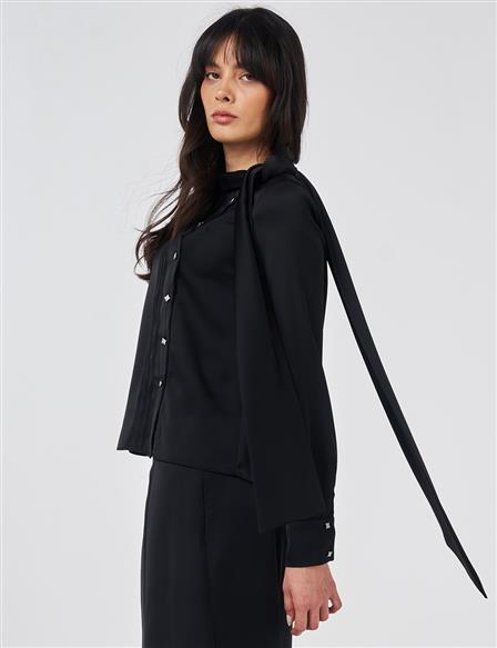 Shawl Collar Satin Elegant Blouse Black