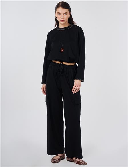 Contrast Waist Detail Pants Black