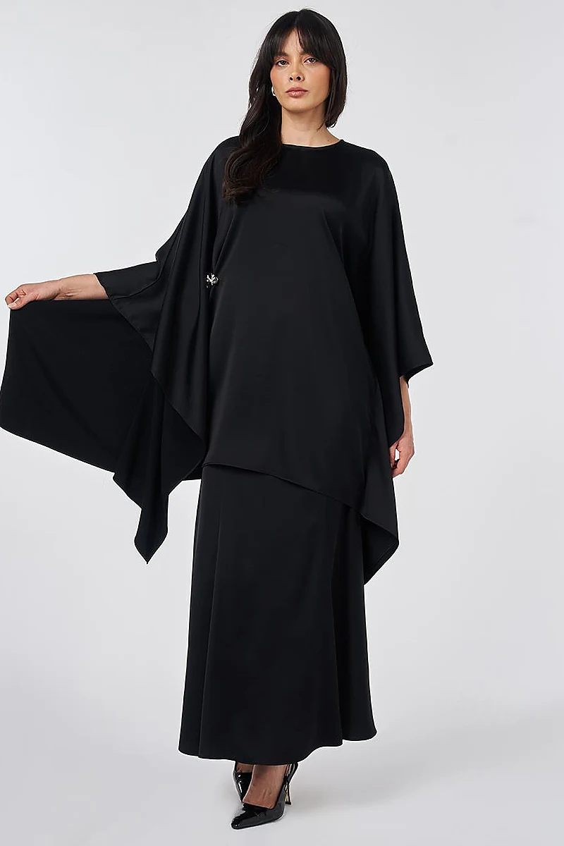 Satin Tunic with Metal Buckle Detail Black 