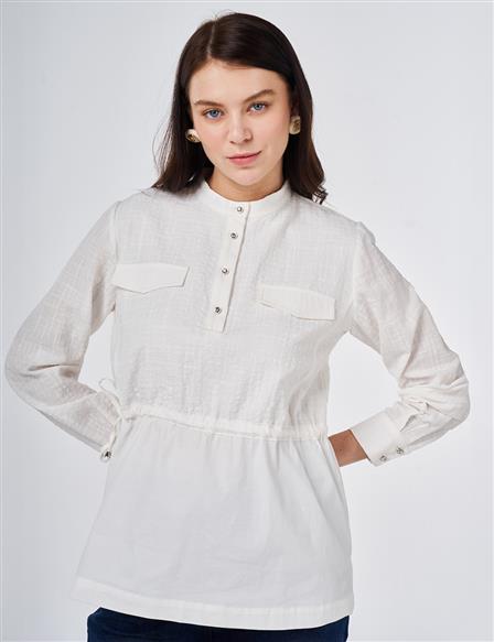 Mandarin Collar Embossed Blouse Off-White