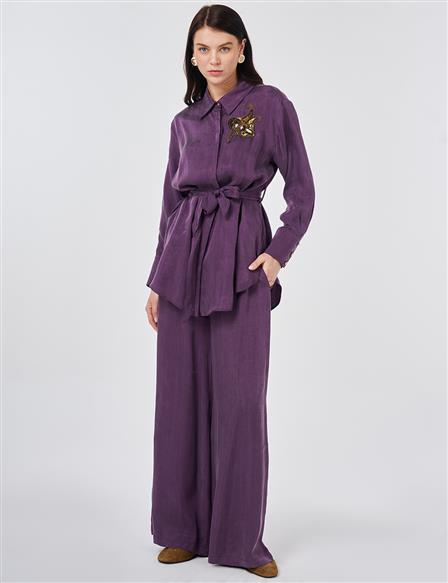 100% Lyocell Embroidered Two-Piece Set Eggplant Purple