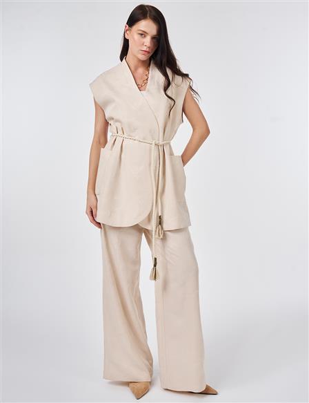 Modal Vest Set with Drawstring Belt Cream