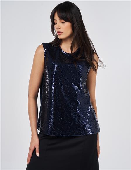 Crew Neck Sequin Blouse Dark Navy