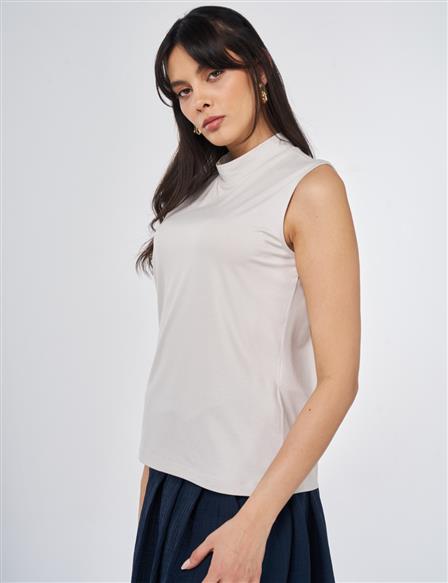 Kısa Dik Yaka Viskon T-shirt Açık Gri