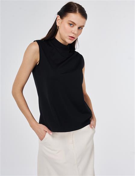 Short Stand-Up Collar Rayon T-shirt Black