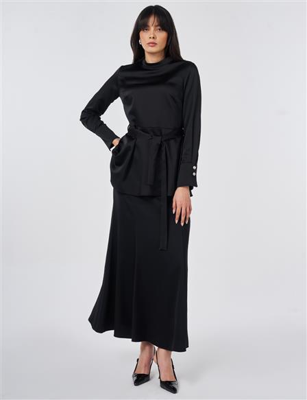 Kuşak Detaylı Saten Bluz Siyah