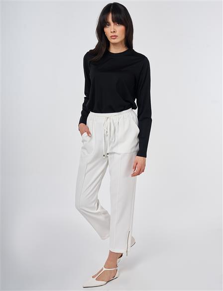 Zippered Hem Straight-Leg Pants Ecru