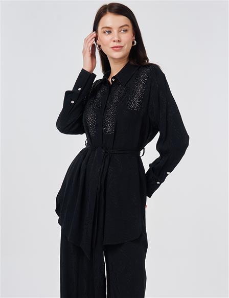 100% Viscose Hotfix Printed Two-Piece Set Black