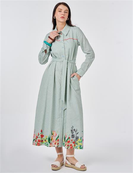 Belted Cotton Linen Dress Blue