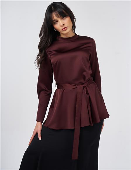 Belt-Detail Satin Blouse Burgundy