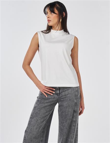 Short Stand-Up Collar Viscose T-shirt Optical White