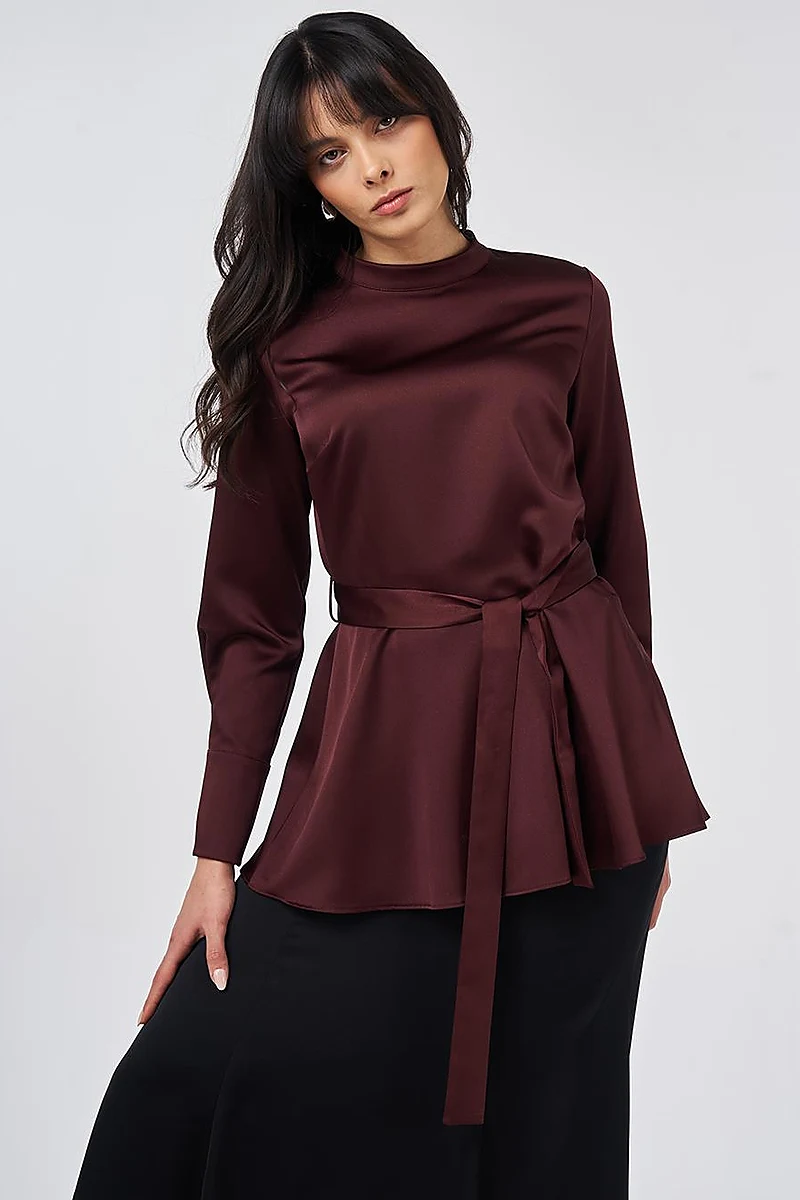 Kuşak Detaylı Saten Bluz Bordo