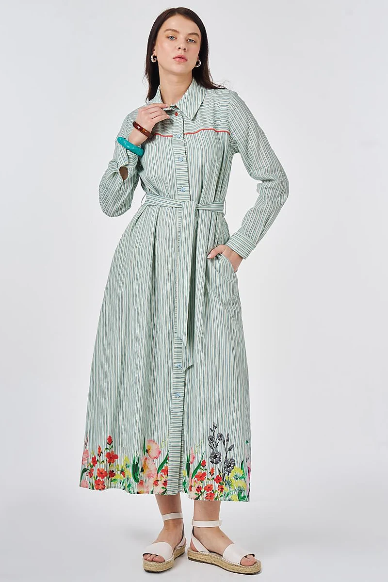 Belted Cotton Linen Dress Blue