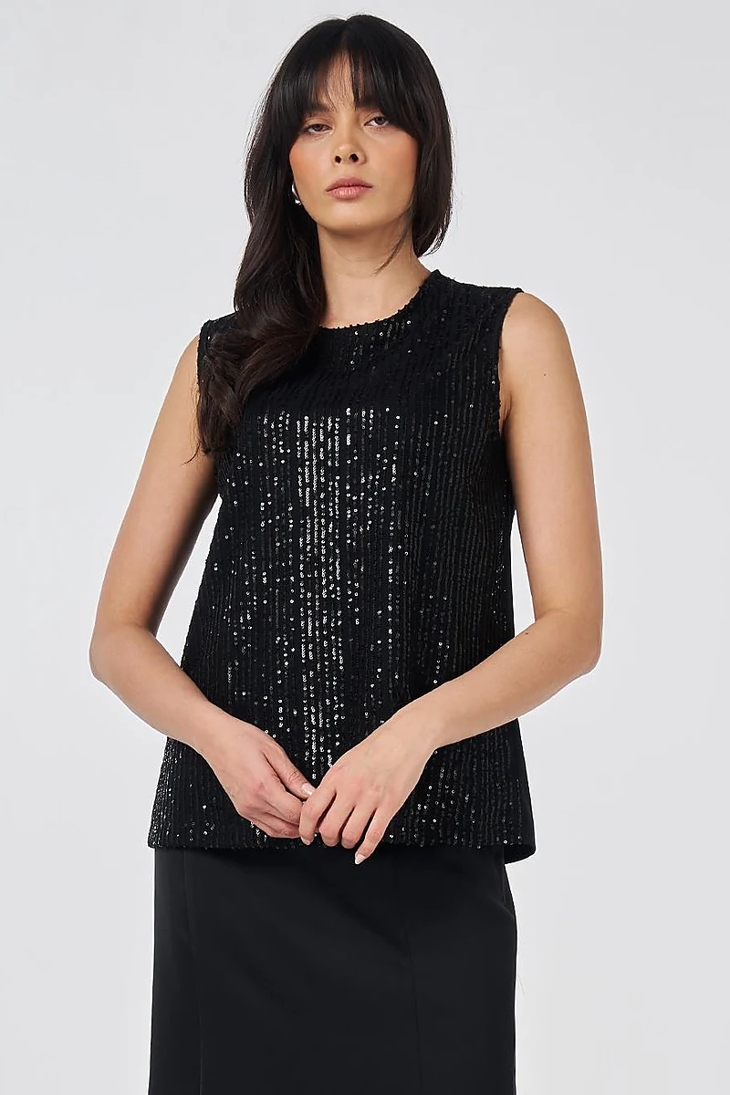Cream Crew Neck Sequin Blouse Black