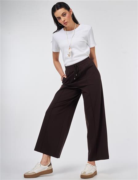 Elastic Waist Relaxed Fit Trousers Dark Brown