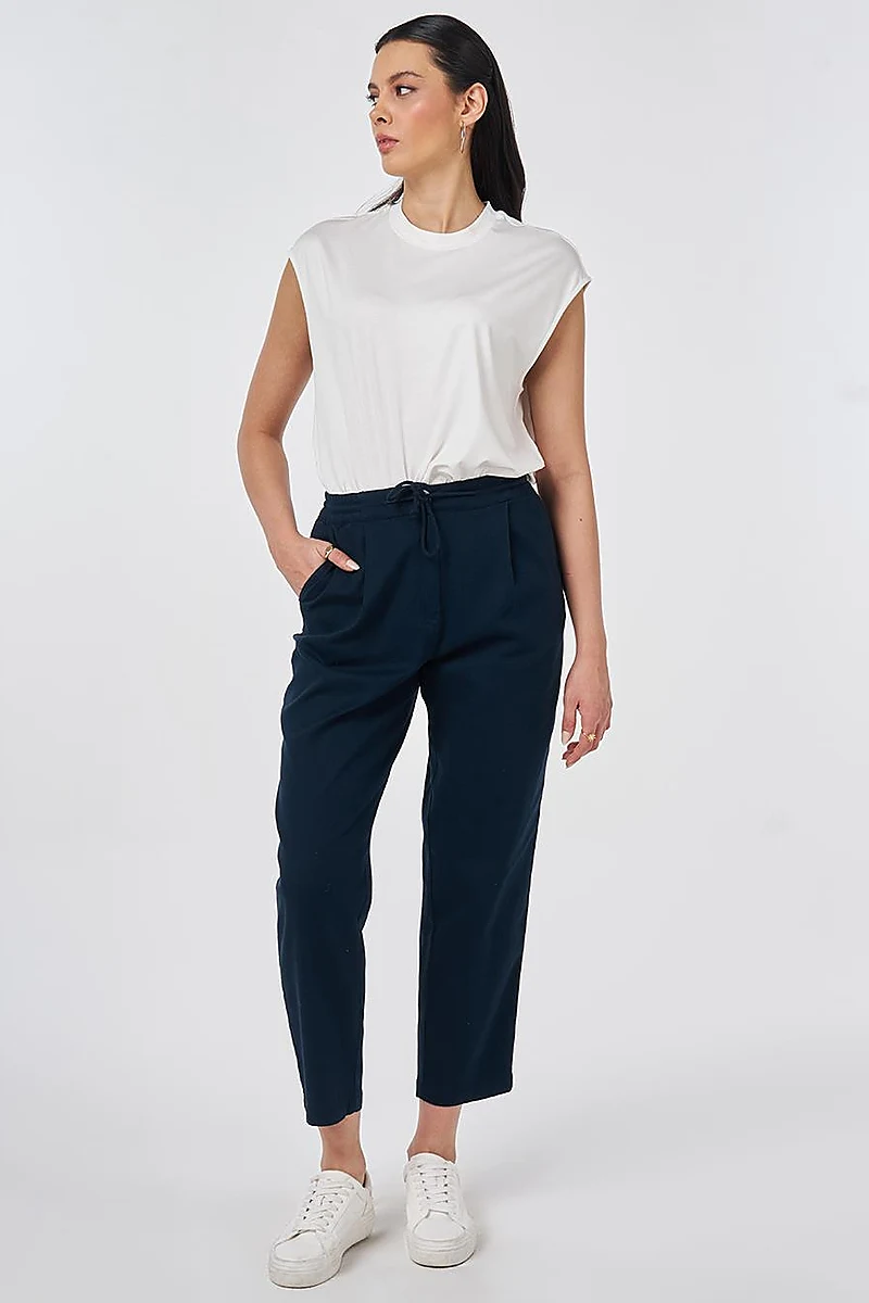High-Waisted Gabardine Trousers Dark Navy