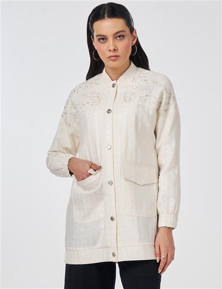 Embroidered Detail Jacquard Jacket Cream