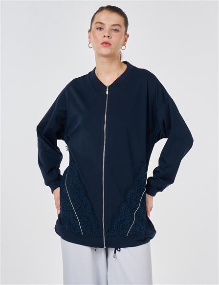 Lace-Trimmed Rayon Jacket Dark Navy