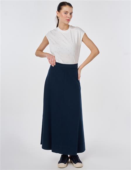 Punto Dikişli Non Denim Etek Koyu Lacivert