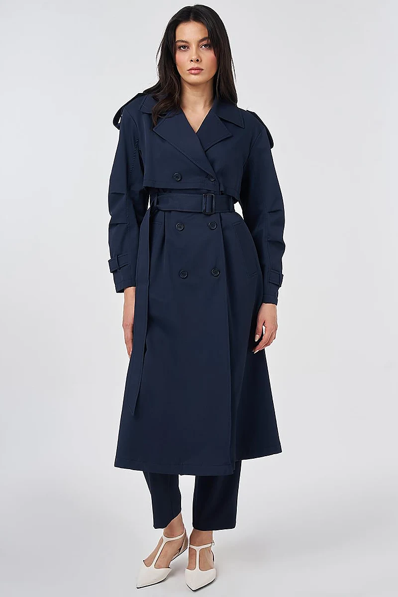 Notched Lapel-Collar Belted Trench Coat Dark Navy