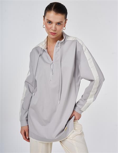 Drawstring Stand Collar Sweatshirt Light Gray