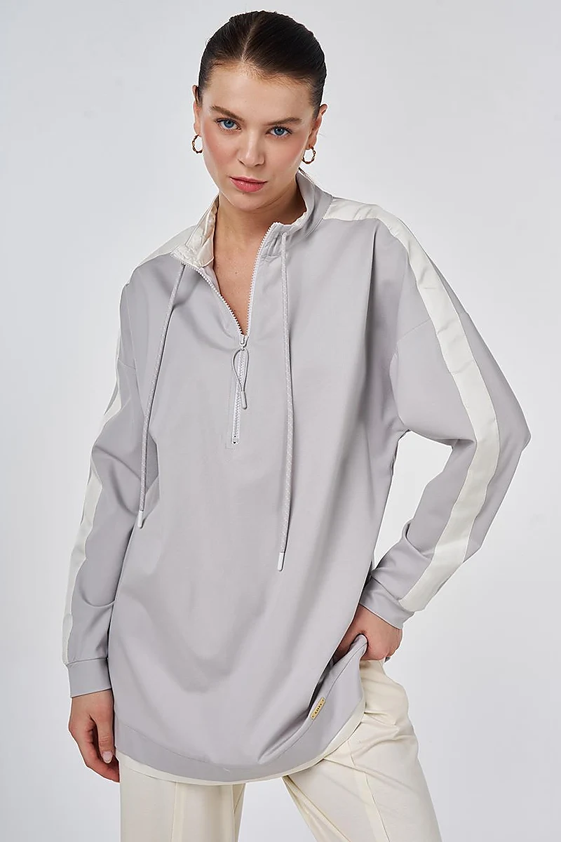 Drawstring Stand Collar Sweatshirt Light Gray