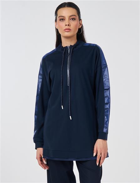 Drawstring Stand Collar Sweatshirt Dark Navy Blue