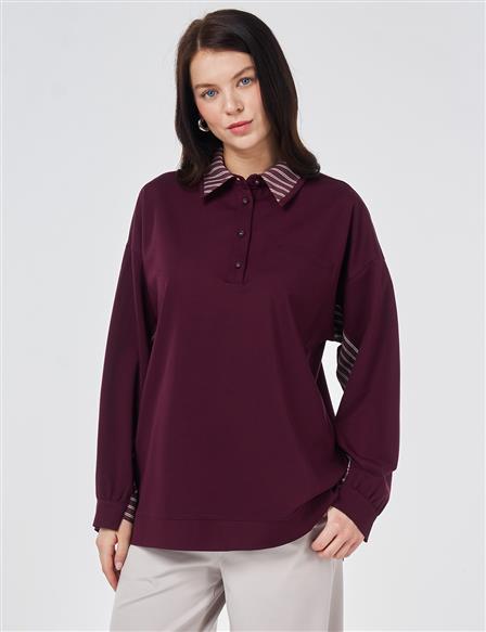 Gömlek Detaylı Rayon Sweatshirt Koyu Bordo