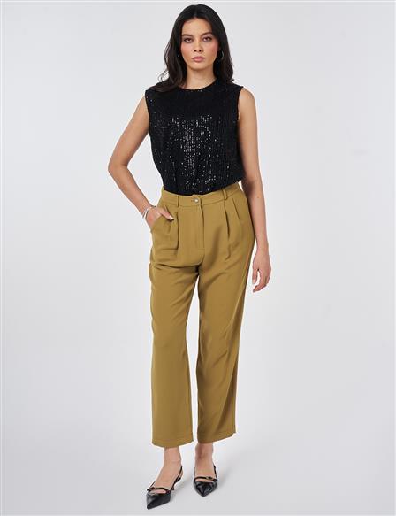Double Pleated Crepe Trousers Khaki