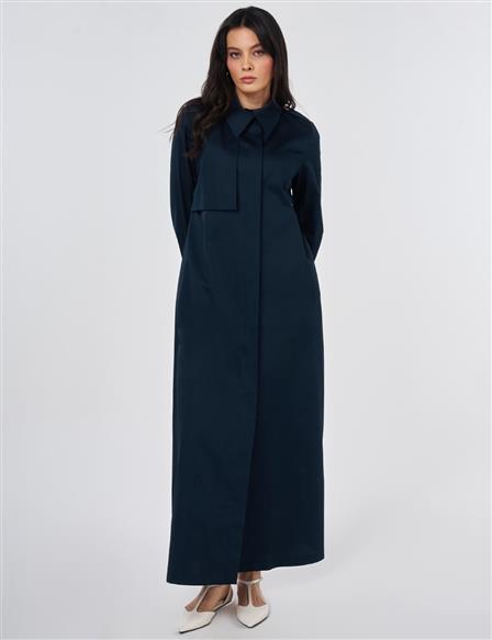 100% Cotton Pleat-Detail Topcoat Dark Navy