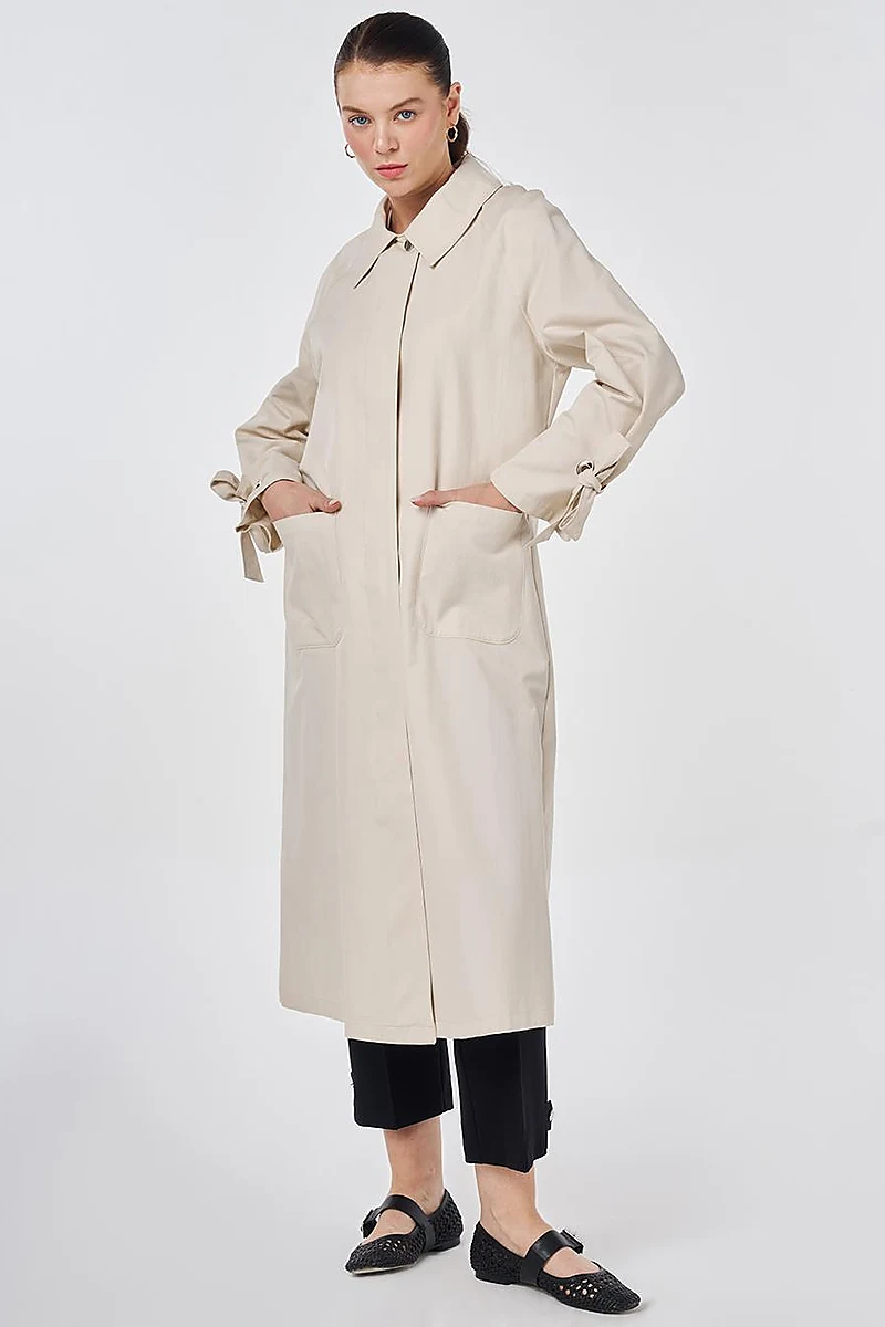 Grosgrain-Detail Raglan Sleeve Trench Coat Cream