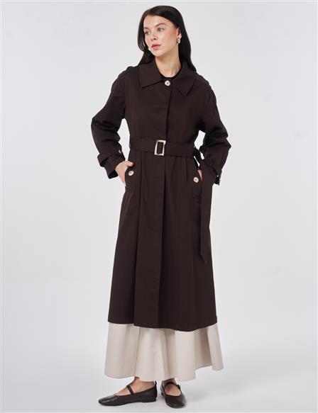 Shirt Collar Belted Trench Coat Dark Brown
