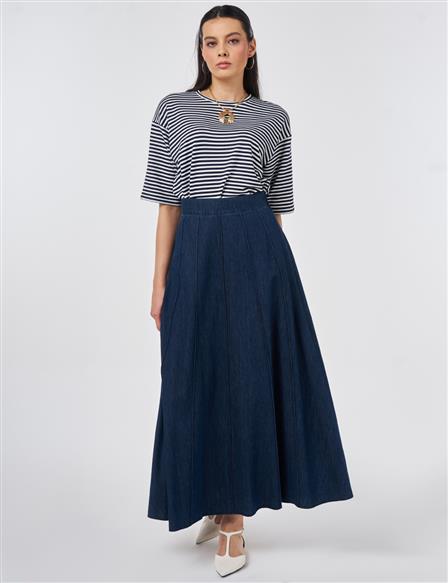 Washed Panel-Stitched Denim Skirt Indigo 