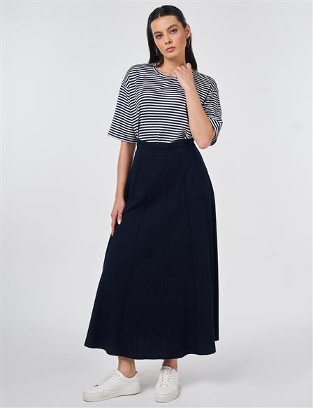 Washed Panel-Stitched Denim Skirt Navy
