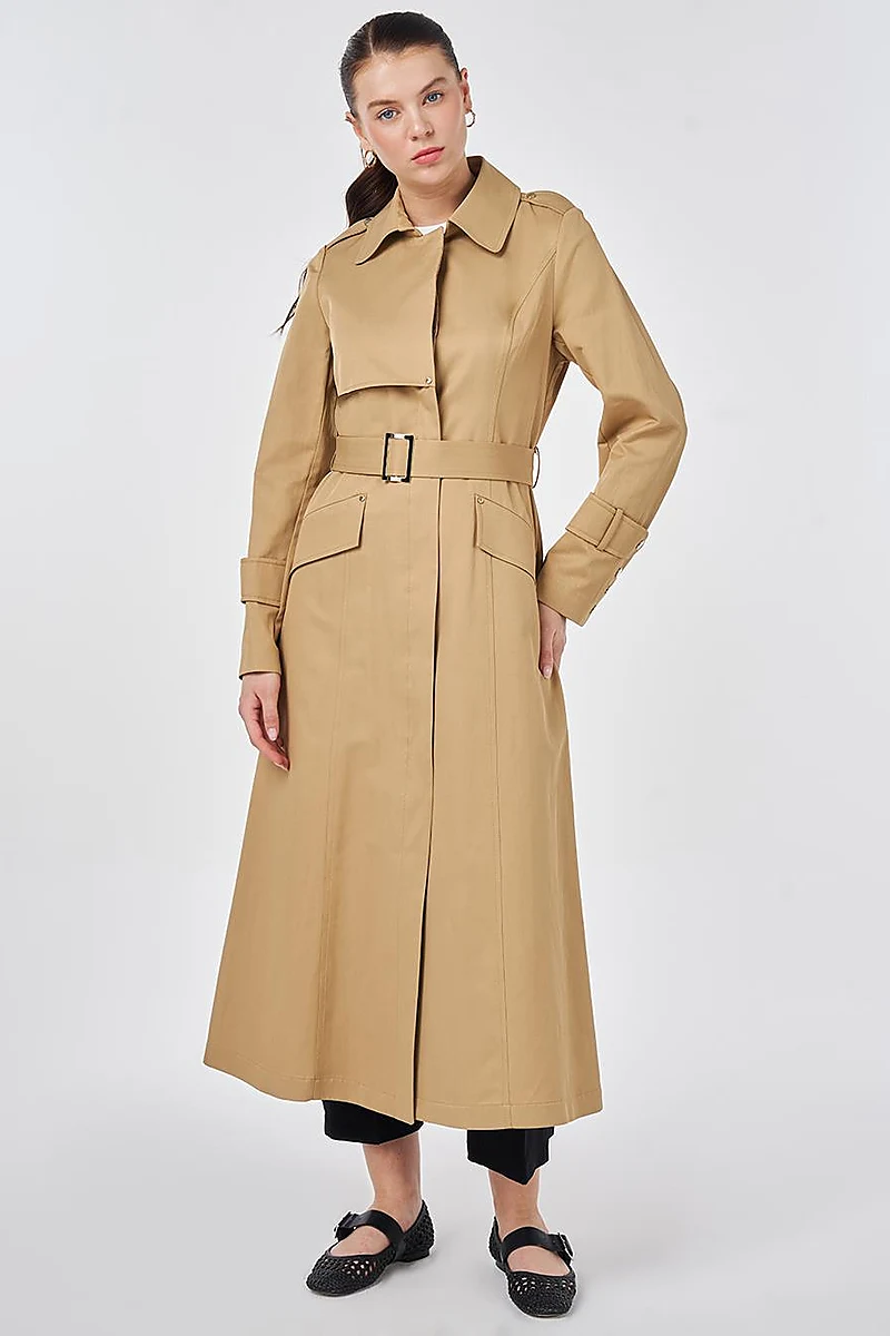 Button Detail Trench Coat Beige