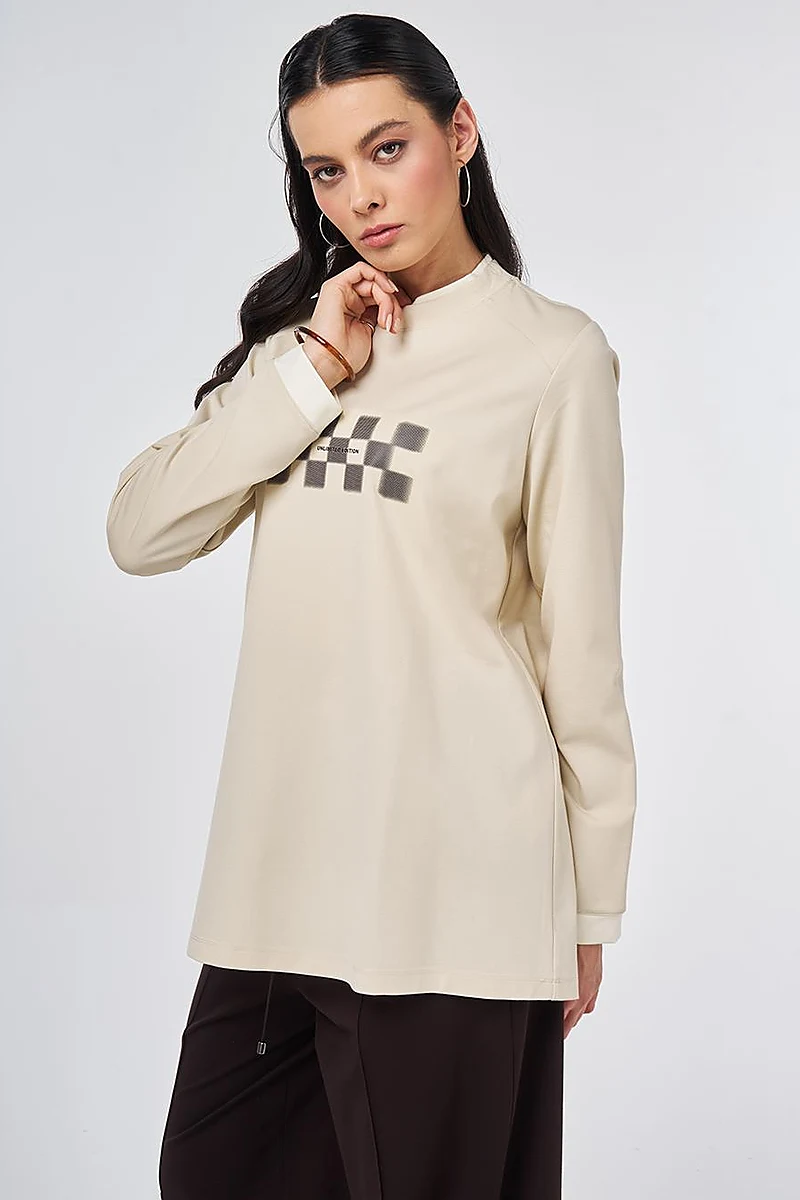 Slogan Baskılı Penye Sweatshirt Krem