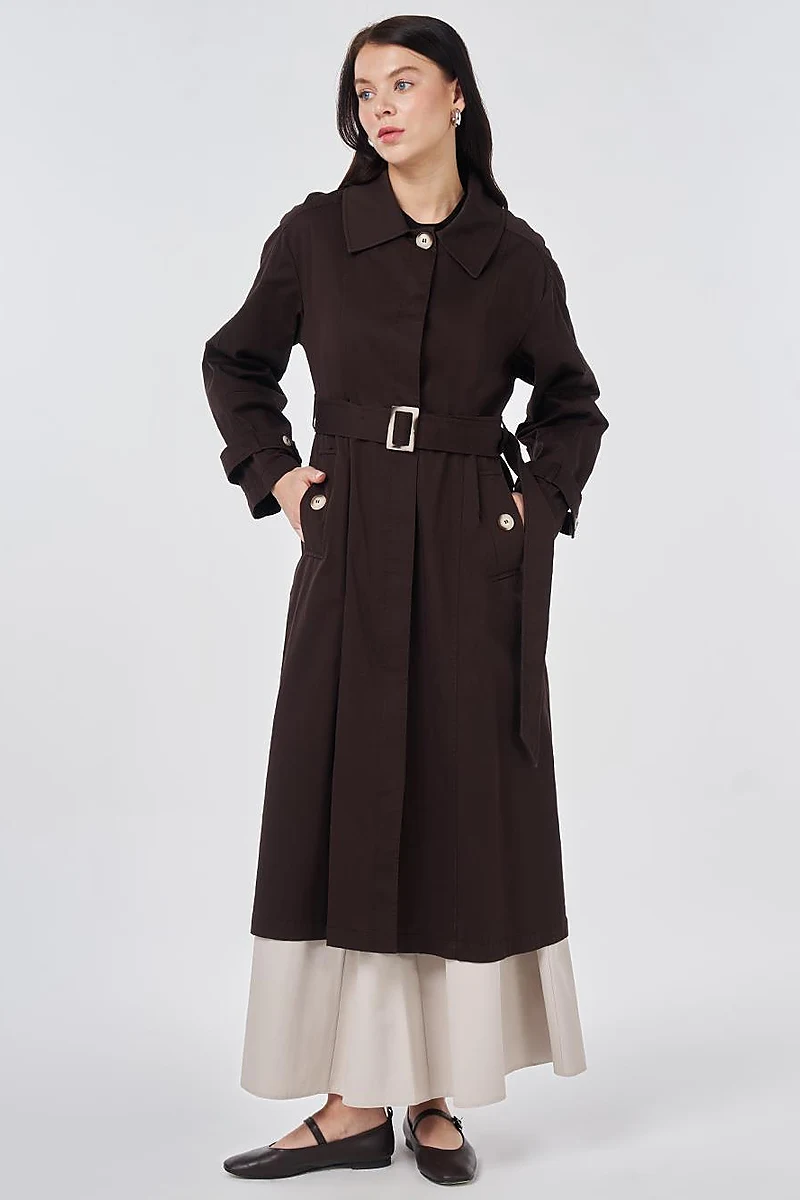 Shirt Collar Belted Trench Coat Dark Brown