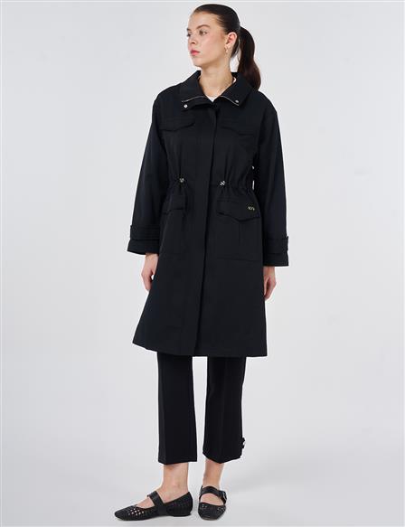 Stand Collar Flap-Pocket Detail Coat Black
