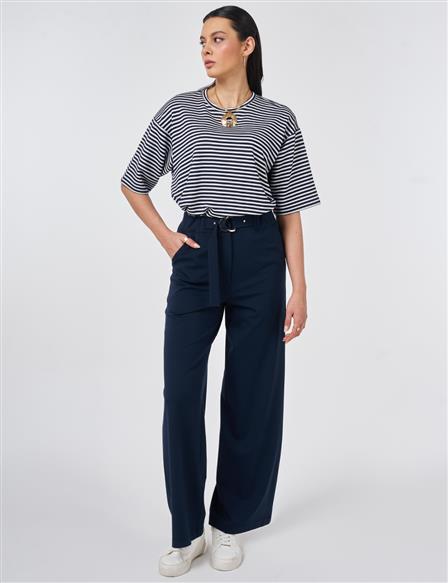 Metal-Buckle Rayon Pants Dark Navy