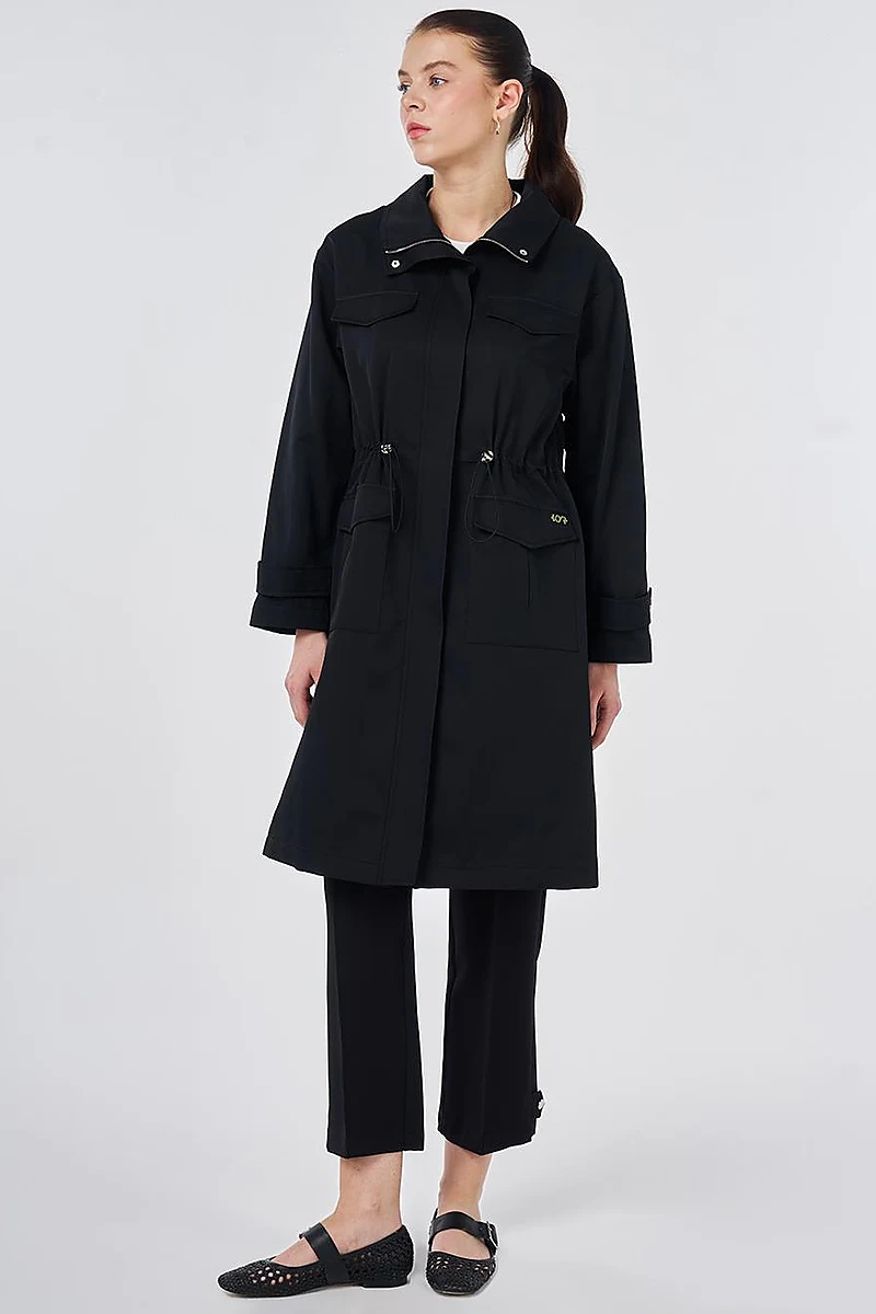 Stand Collar Flap-Pocket Detail Coat Black