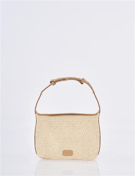 Straw Bag with Leather Trim - Cream
