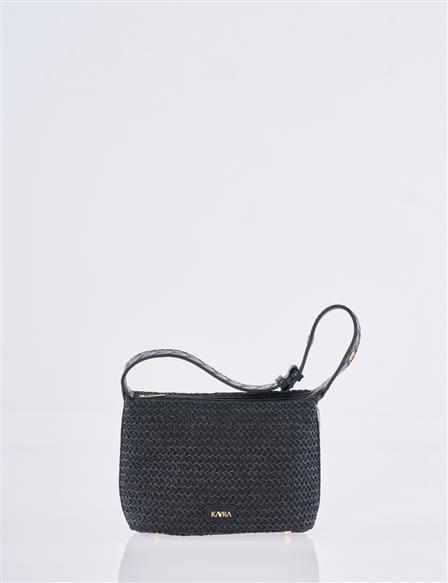Straw Bag with Leather Trim - Black