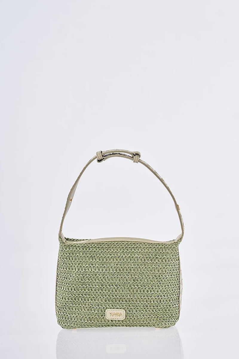 Straw Bag with Leather Trim - Mint