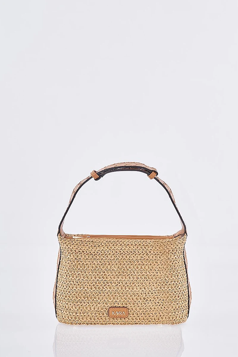 Straw Bag with Leather Trim - Tan