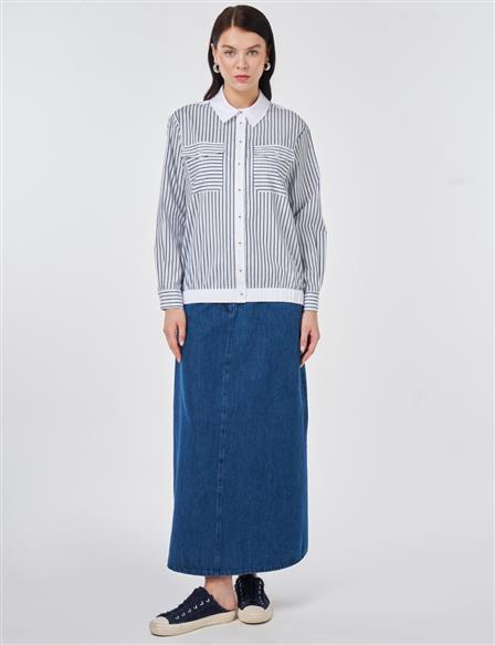 Striped Cotton Blouse Blue