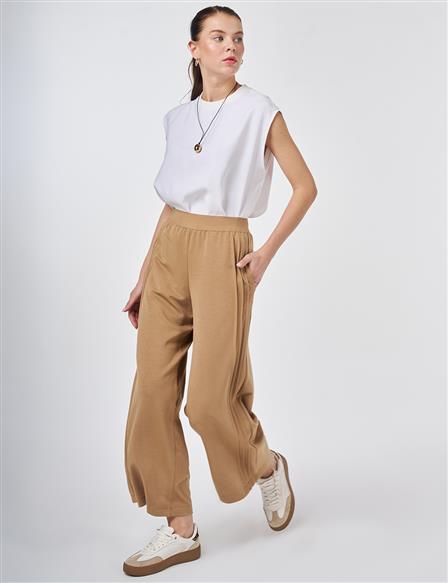 Elastic Waist Relaxed Fit Pants Beige