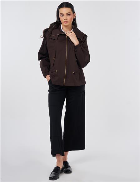 Detachable Hooded Short Jacket Dark Brown