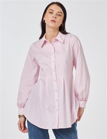 Pile Detaylı Pamuklu Tunik Şeker Pembe